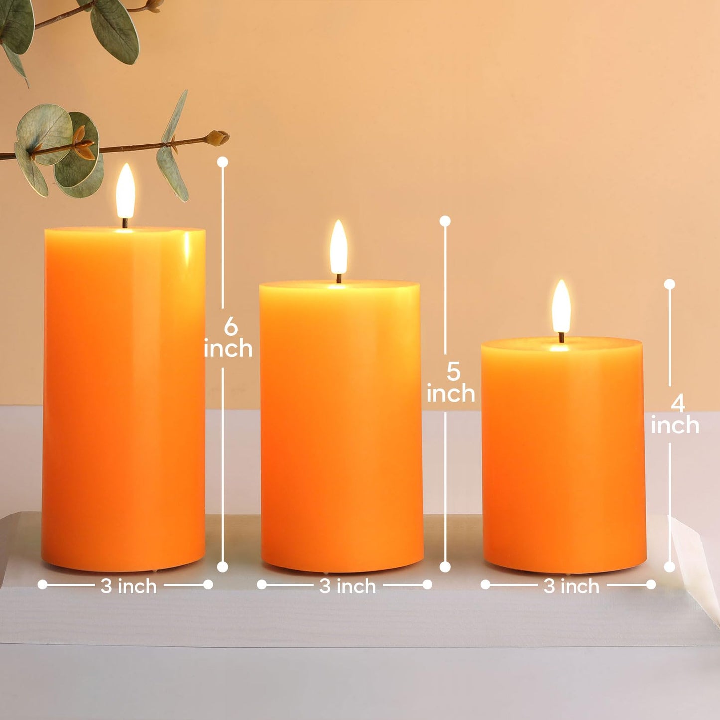 Eywamage Orange Flameless Pillar Candles with Remote, Flickering LED Wax Candles Battery Operated Set of 3