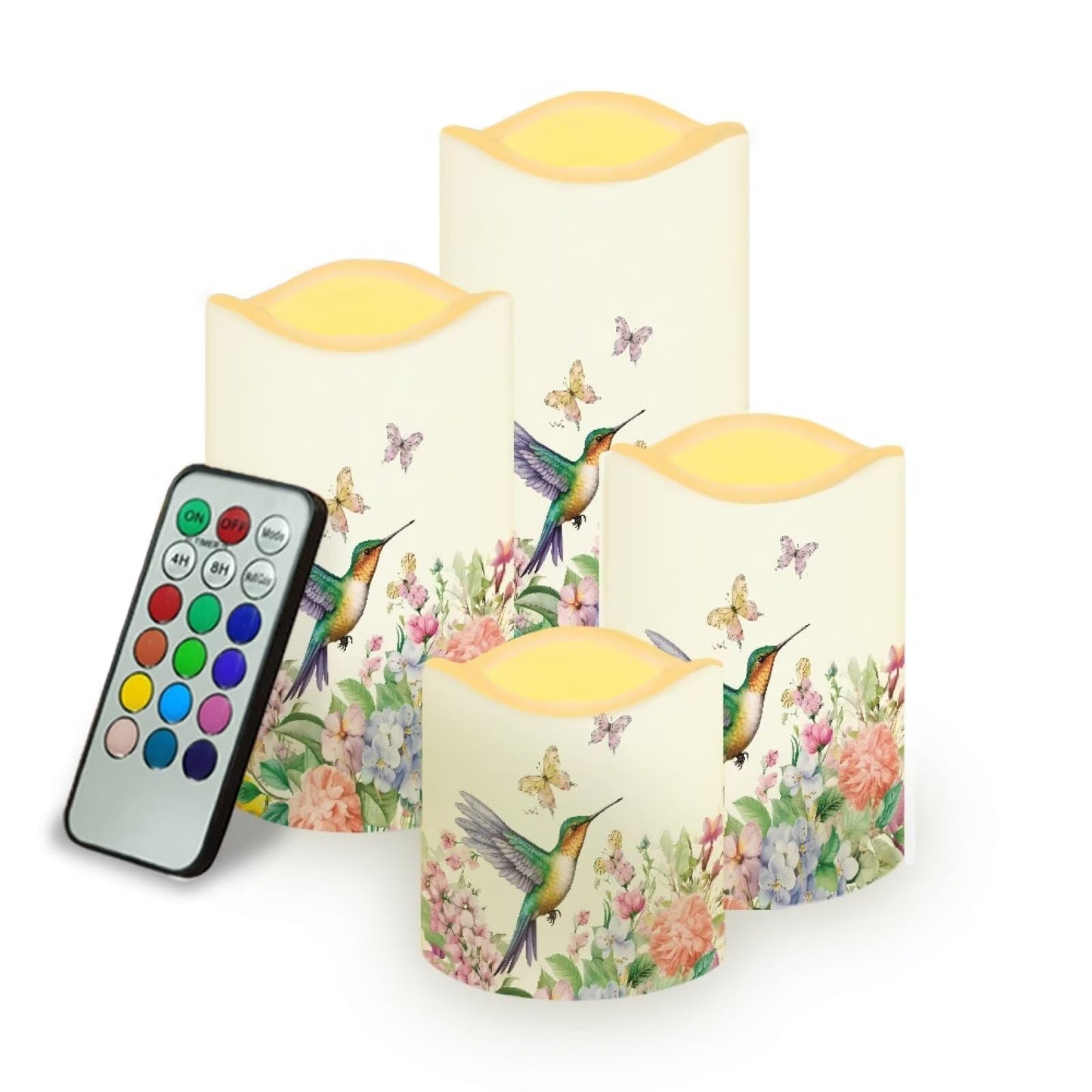 Cozeyat Bird Bloom Birthday Party Flameless Candles 4 Pack Battery Operated LED Pillar Candles with Remote Timer Waterproof Flickering for Home Table Decor