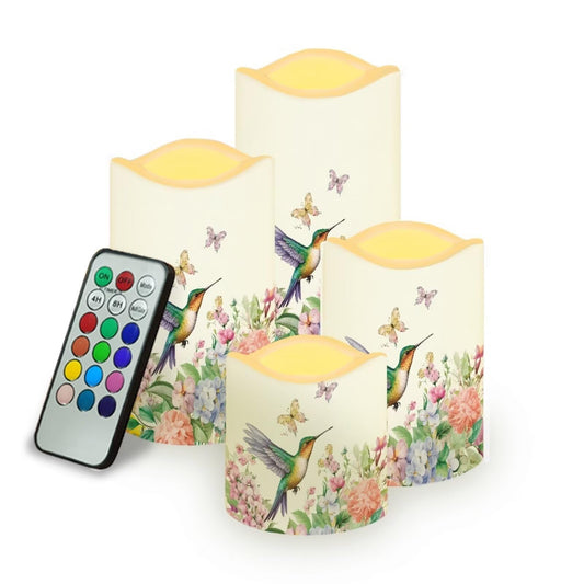 Cozeyat Bird Bloom Birthday Party Flameless Candles 4 Pack Battery Operated LED Pillar Candles with Remote Timer Waterproof Flickering for Home Table Decor