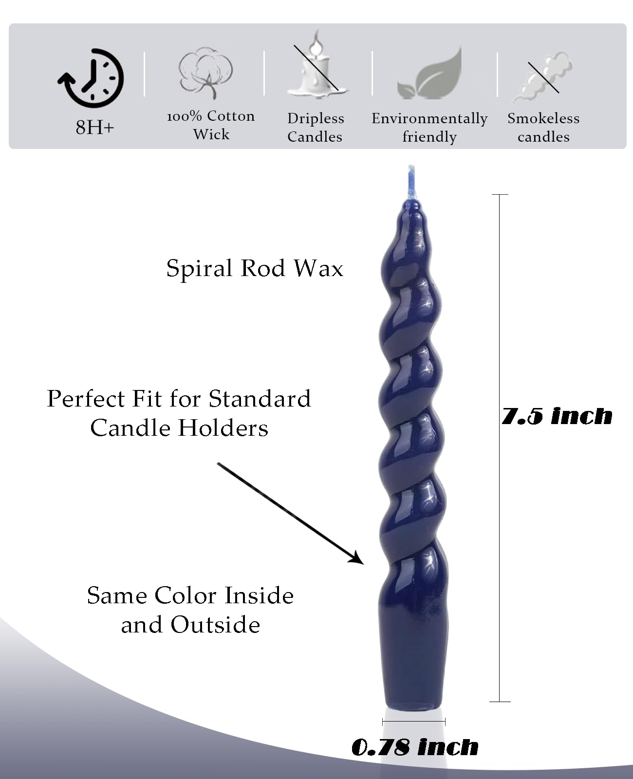LPUSA Navy Spiral Taper Candles Handmade Twisted Candle Conical Stick Candles for Holiday Wedding Party Wax Unscented Dinner Candle Dripless,Christmas Gift H 7.5 Inch, 4pcs（Navy）