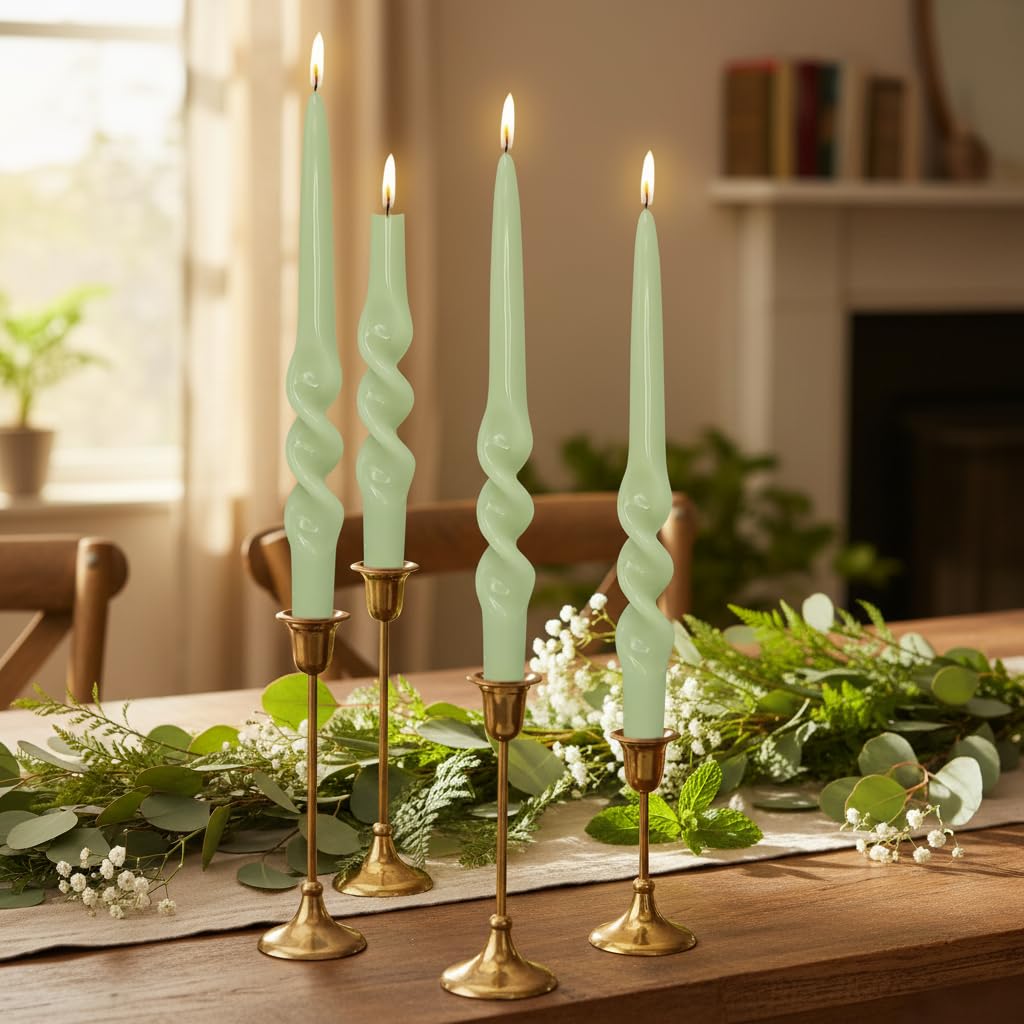 Green Spiral Taper Candles Long Twisted Candlestick Unscented Candle Stick Unique Tapered Candle for Dinner Home Decor Wedding Party Church