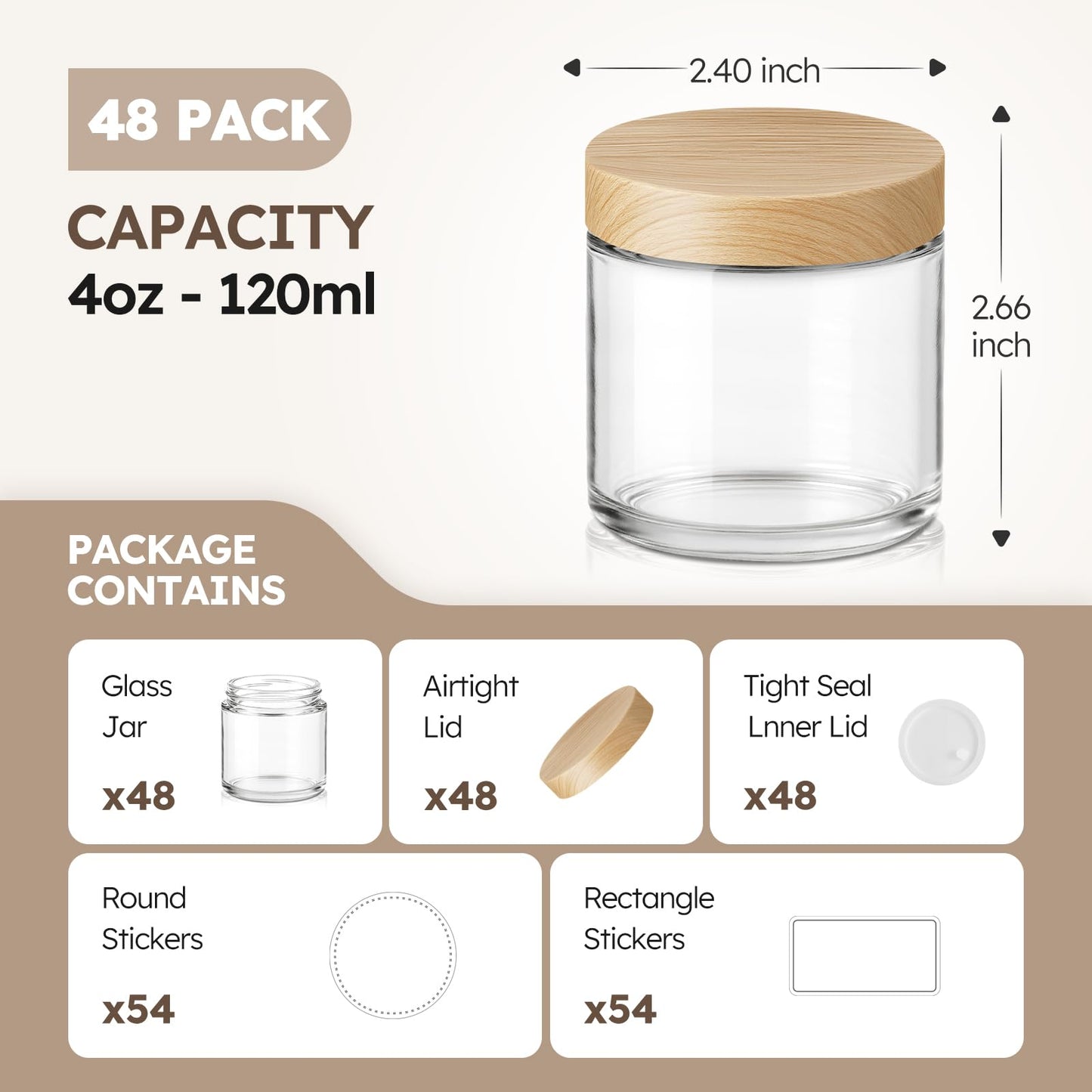 4 oz Glass Jar with Lids, 48 Pack Small Glass Candle Jars with Lids & Sticker, Empty Cosmetic Containers for Sample, Cream, Spice, Lotion, Ointments（Plastic Woodgrain）