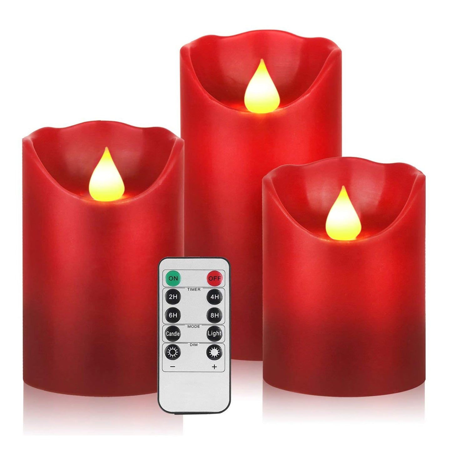 YIWER Flameless Candles Set of 3, Φ3.15 xH 4"/5"/6" Real Wax Not Plastic Pillars Include Realistic Dancing LED Flames and 10-Key Remote Control with 2/4/6/8-hours Timer Function,300+ Hours (3×1, Red)
