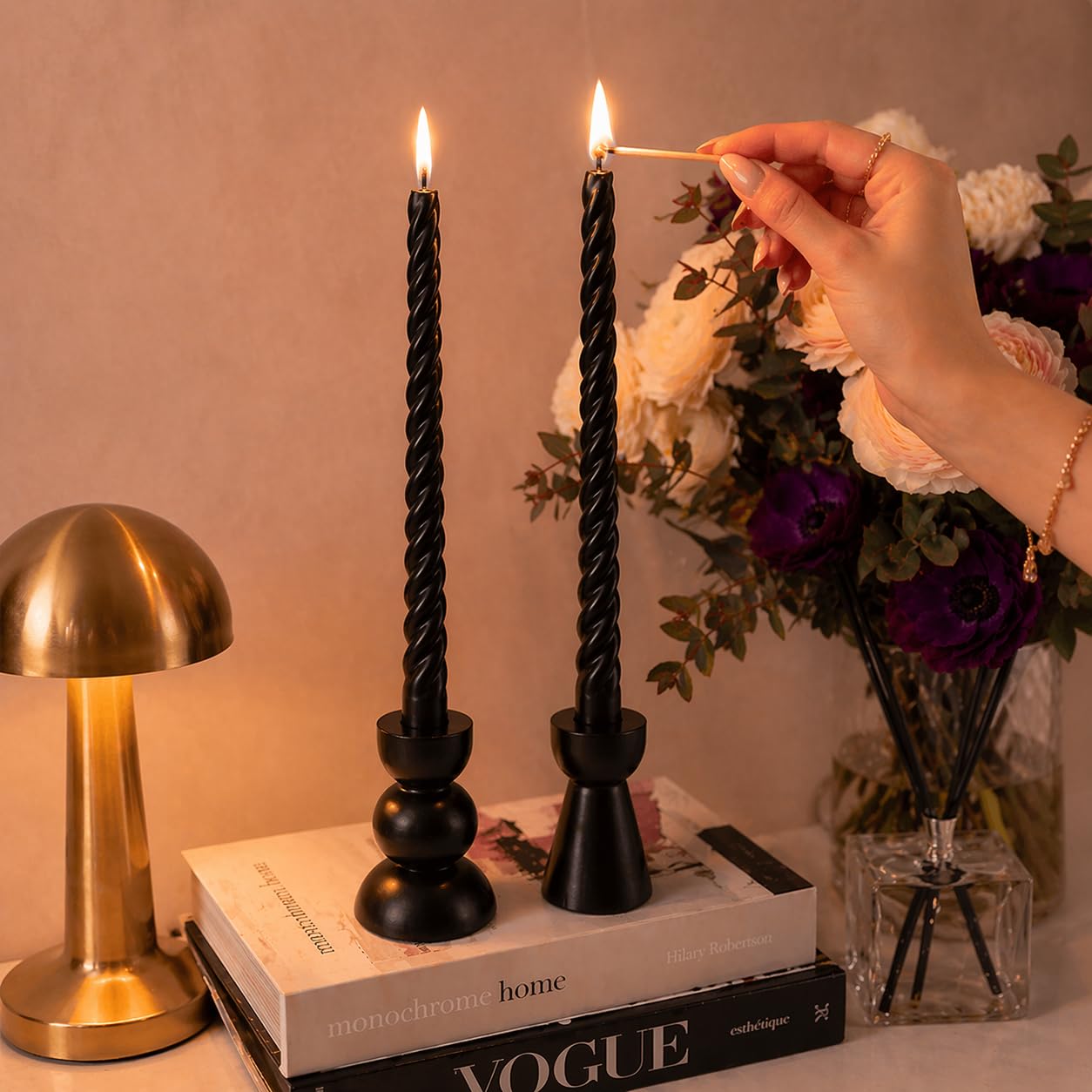 Petekoglu Black 2 Pack Taper Beeswax Candles 27.5 cm Twisted Candlestick Dinner Candles Natural Honeycomb Beeswax