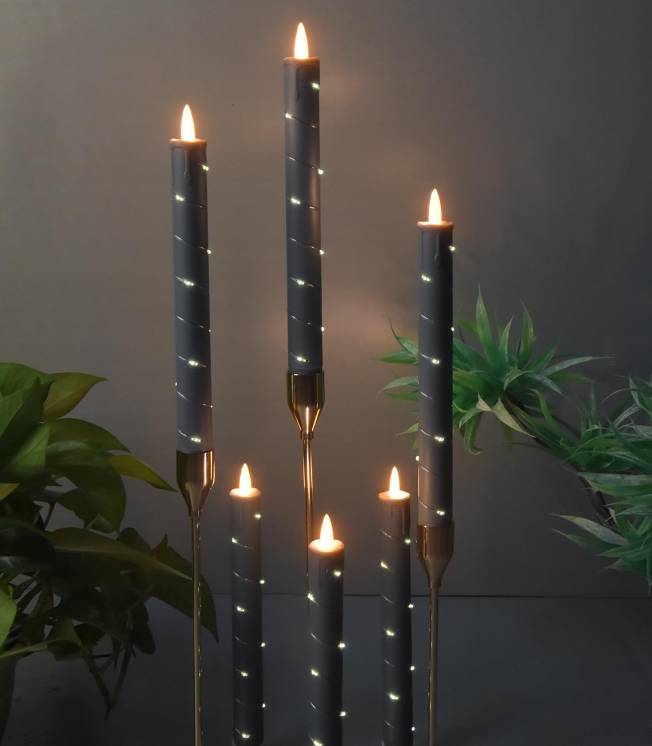 Flameless Candle, (Conical) Patented Starlight String, LED Candle, 11-Key Timing Remote Control, Battery Powered, Dance Flicker Flame, 6 Packs, Christmas Wedding Home Decor(Dark Gray)