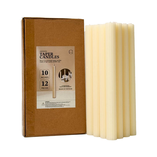 Ribbed Taper Candles 10 Inch 12 Pack Ivory – CW Studio Fluted Candlesticks, Unscented 11 Hour Dripless Smokeless Burn – Elegant Dinner Centerpiece for Weddings, Home Decor & Holiday Tables