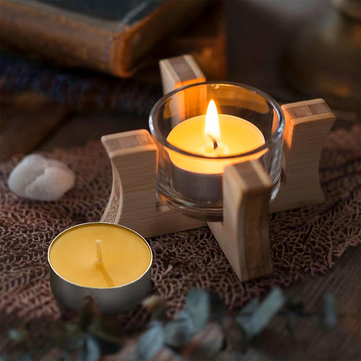 Beeswax Tea Candles in Cup, 24 Pcs, Natural Beeswax Tealight Candles with 4 Hours Burn Time for Home Decor, Air Purification, Honey Scent Pure Bees Wax Tea Light Candle