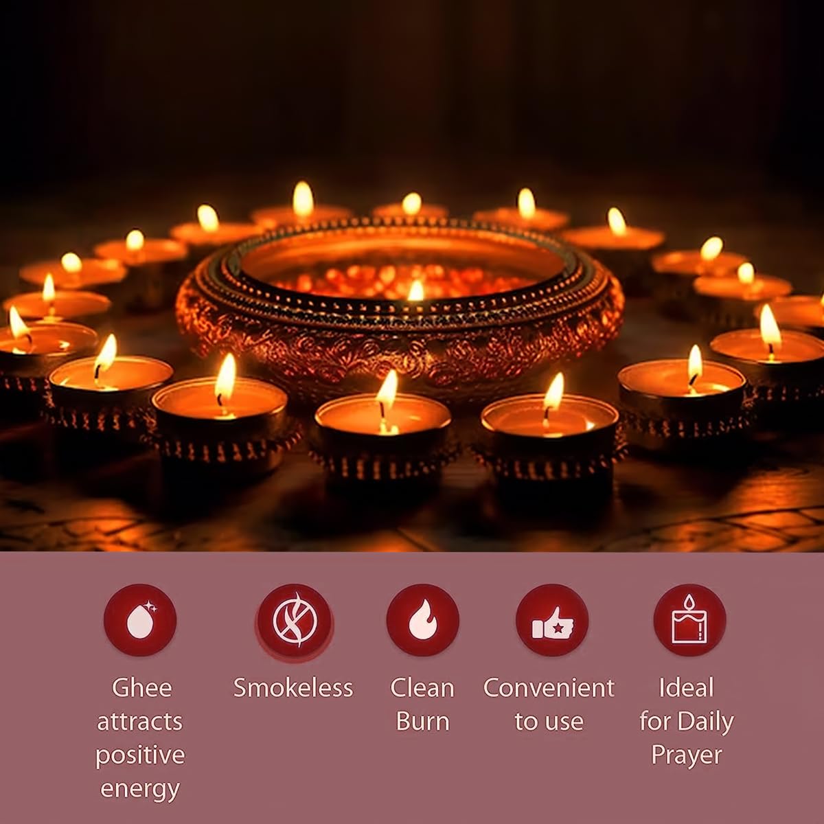 Shubhkart Tejas Premium Ghee T-Light Candle Set of 50 Wax-Free Smokeless Tealights for Prayer Rooms, Meditation, Home, Festive Events, Weddings & Gifting with Bright Long-Lasting 3-Hour Pure Flame