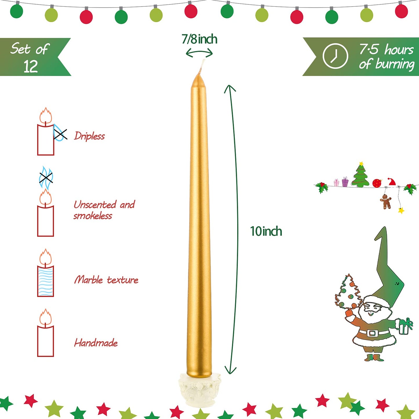 12 Pieces Christmas Taper Candles 10 Inch Tall Color Taper Candles Hand Poured Wax Candles Holiday Candles Dripless Taper for Christmas Wedding Birthday Celebration, Gold, Red, Silver, Green