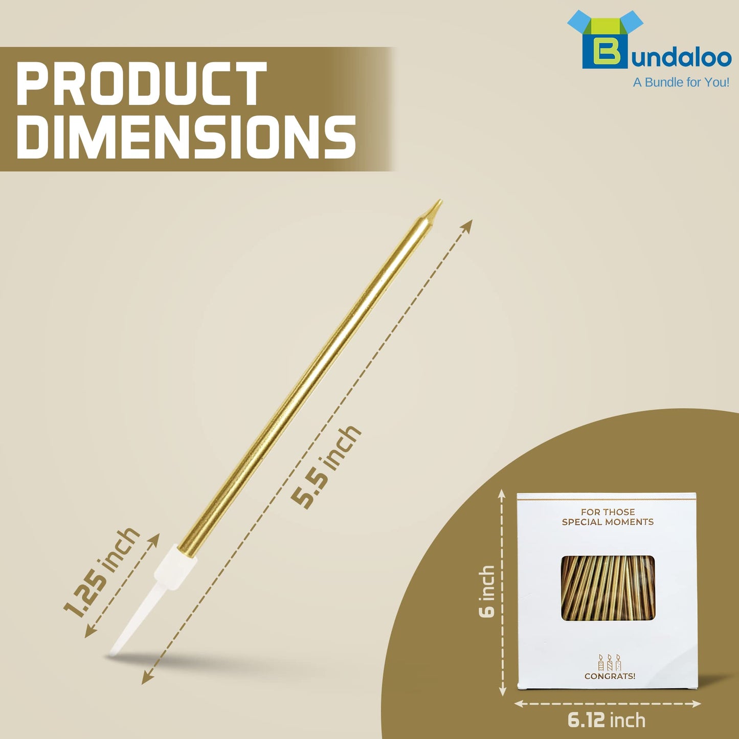 Bundaloo Gold Birthday Candles for Cake - Set of 48 with Plastic Holders - 5.5" Long, 0.20" Thickness