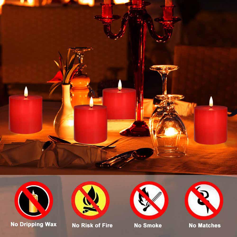 volnyus Red Flameless Candles Set of 3 (3x3 inch) Real Wax Flickering LED Candles Battery Operated with Remote Control Timers for Christmas Fireplace Party Dimmable Pillars Flat top