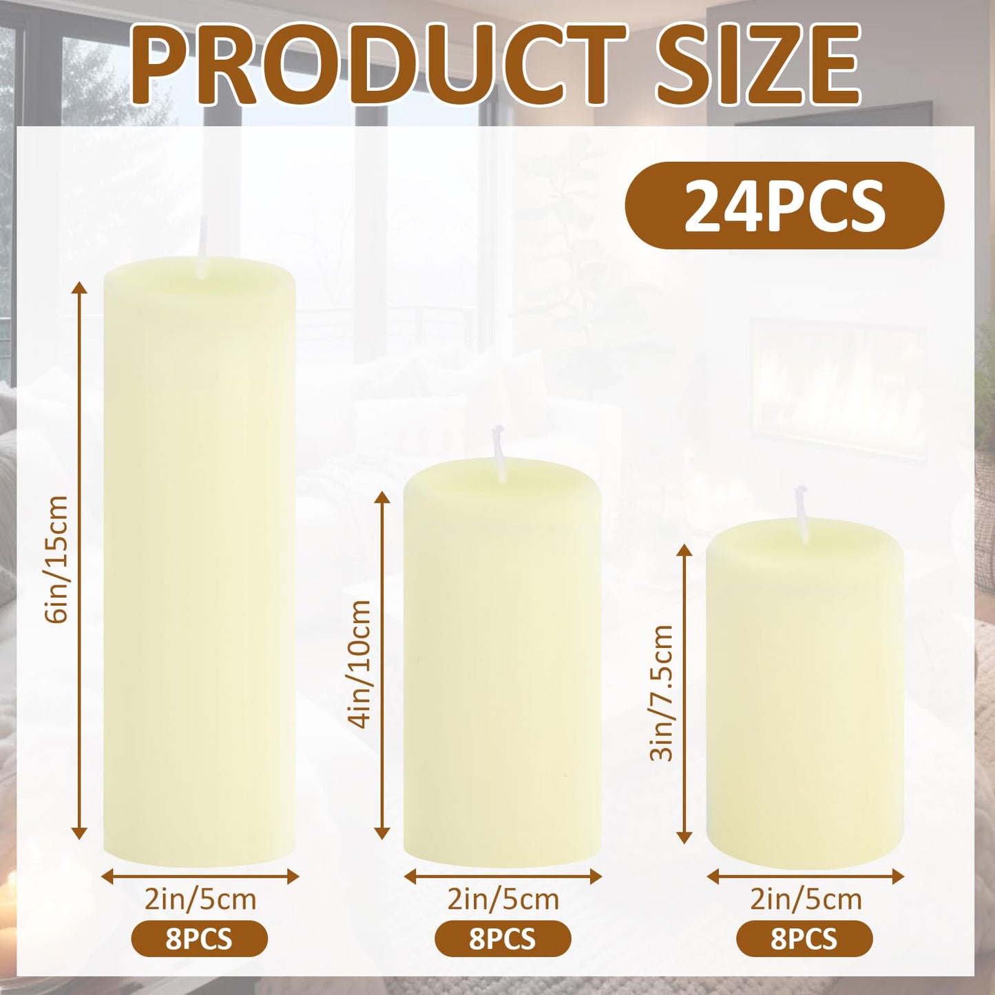 CHICERA 24-Pack Ivory Pillar Candles Bulk Set - 2x3, 2x4, 2x6 Inch Unscented Dripless Pillar Candles for Weddings, Home Decor & Centerpieces - Clean Burning Smokeless Decorative Candles