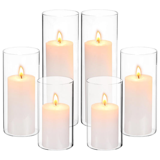 12 Pcs Glass Cylinder Candle Holders Bulk - Transparent Glass Hurricane Vases, Minimalist European Style with Multiple Size for Weddings and Restaurants