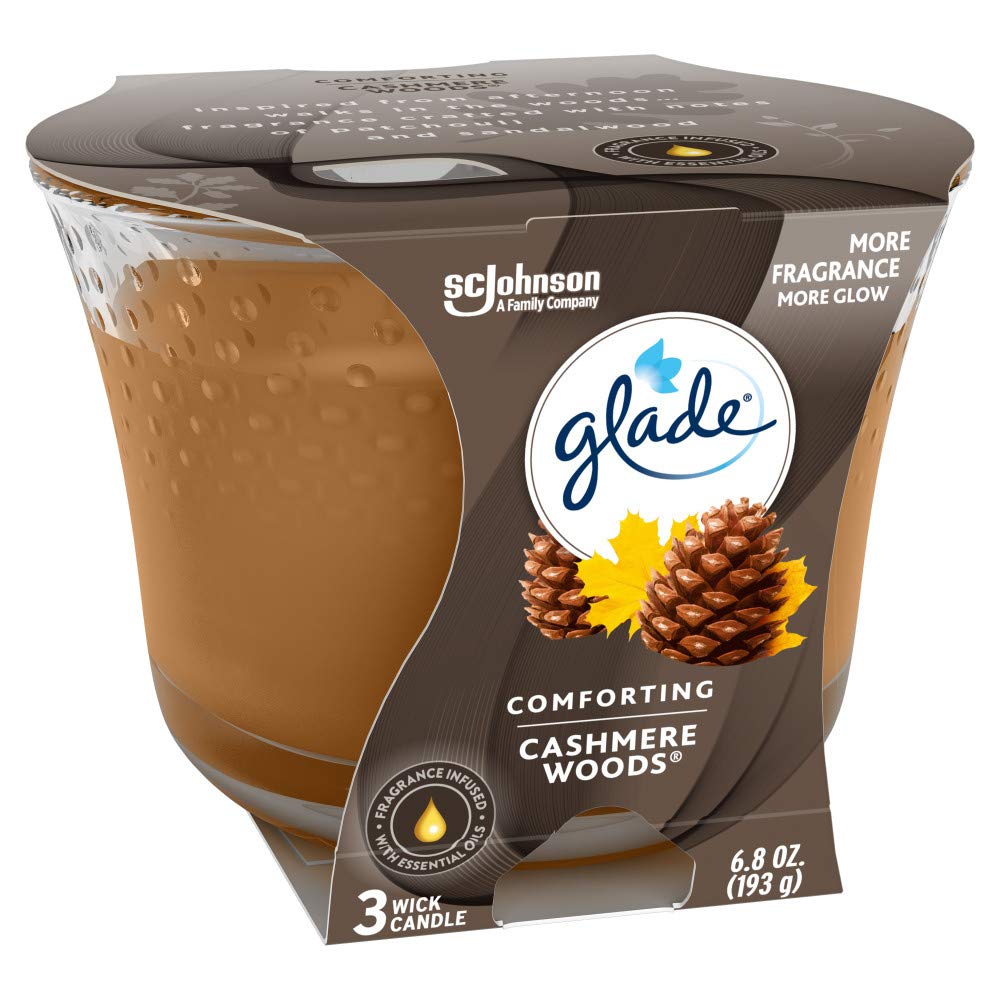 Glade Candle Cashmere Woods, Fragrance Candle Infused with Essential Oils, Air Freshener Candle, 3-Wick Candle, 6.8 Oz, 3 Count