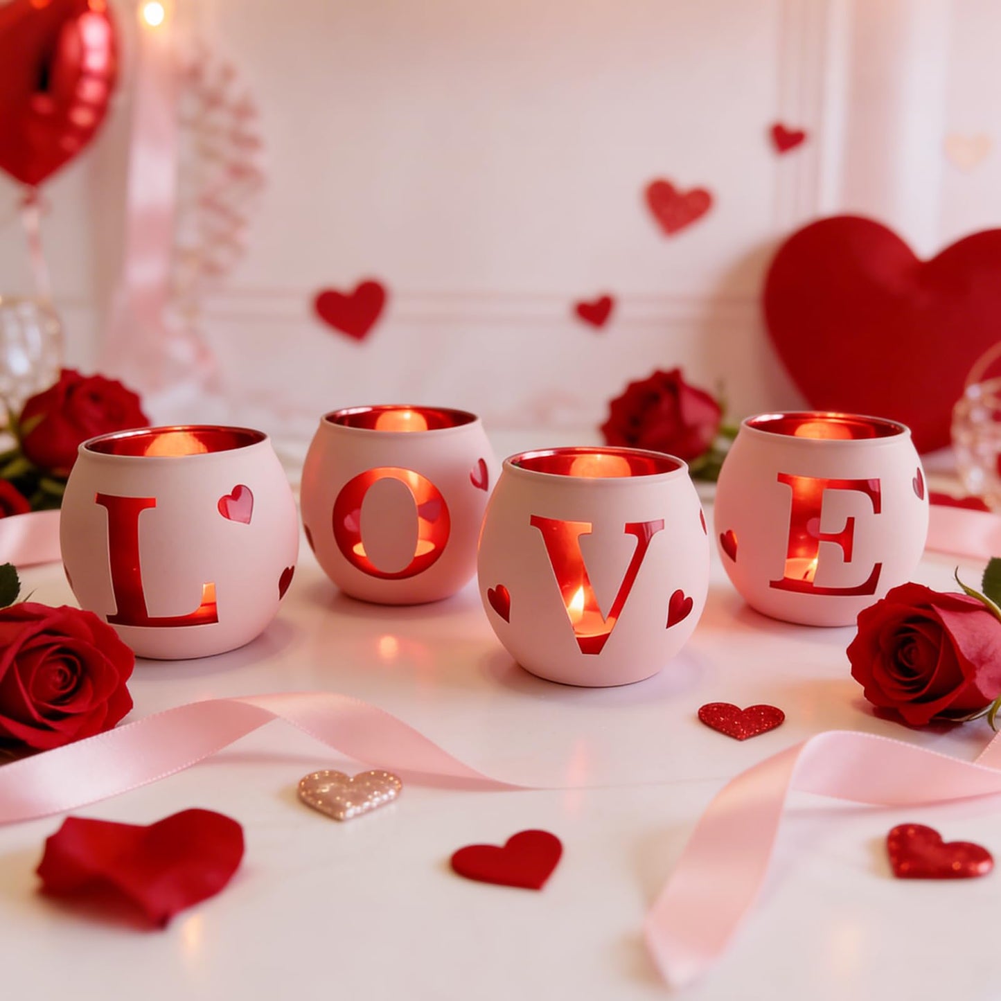 Love Glass Tea Light Candle Holders, Votive Tealight Holder Table, Love Centerpiece Decorations for Wedding Valentines Anniversary Party Decor (Pink-4)