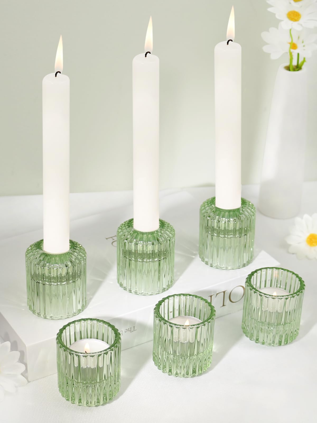 CHOCSTAY Reversible Green Glass Candle Holder Set of 6, Thick Heat-Resistant Glass Candlestick Holders for Taper, Tealight, Votive, LED Candles, Perfect for Wedding, Party, Home Décor