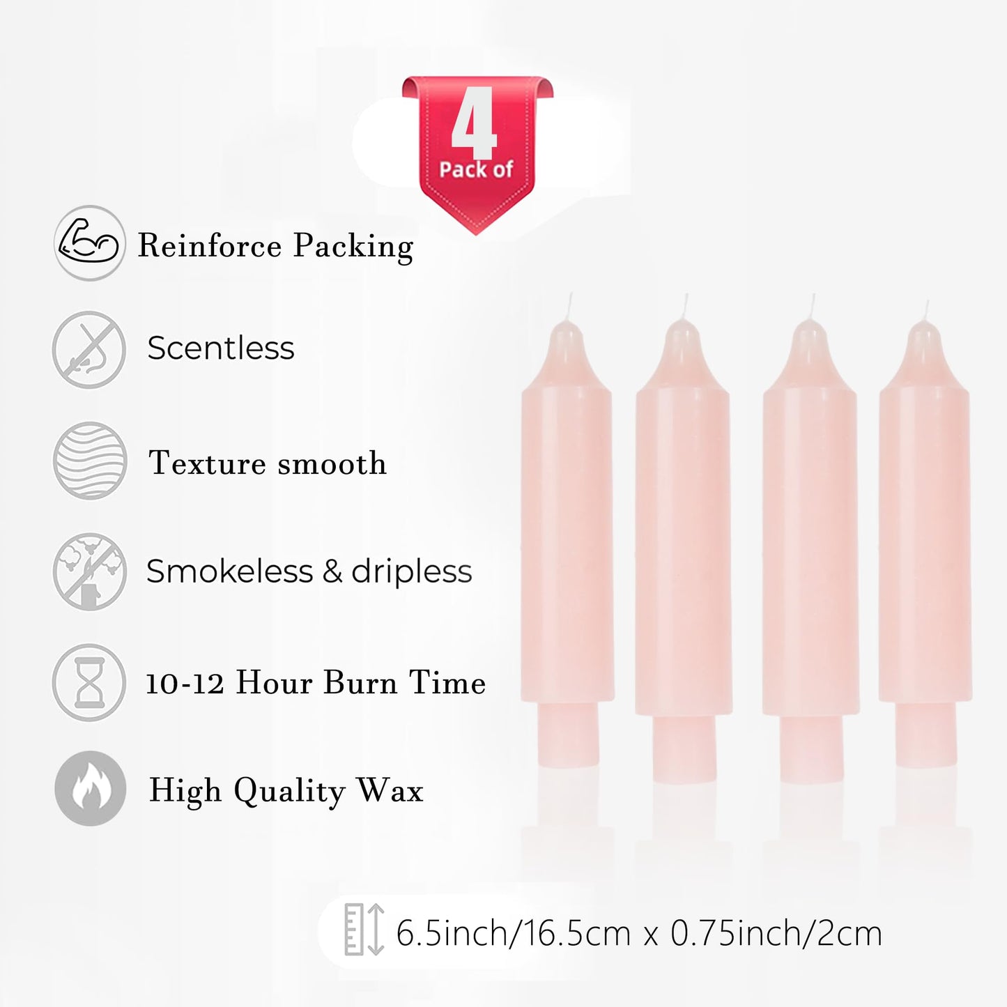 MAITREYA Pink Short Taper Candle Candlesticks Dripless Dinner Candle for Wedding Party Decoration Home Dinner,6.5inch,4 Pack