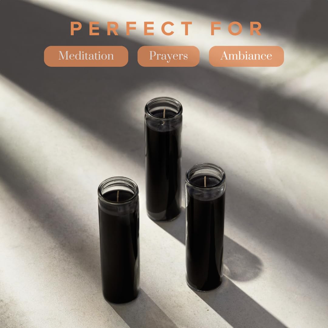 Simply Soson 2x8 inch 7 Day Black Pillar Candles in Glass Set of 3, 90 Hour Burn time, Unscented Prayer Candle, Religious Candle, Candles for Memorials, Emergency Vigil Candles