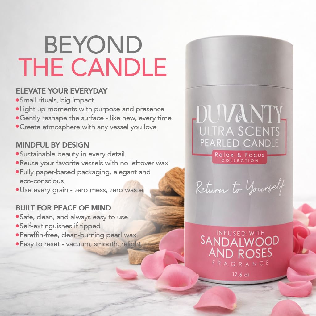 Duvanty Relax & Focus Pearled Candle Sand with Wicks – Sandalwood & Roses Scented Candle for Elegant Home Ambiance, Decorative Wax Beads & Cozy Evening Rituals, 17.6 oz