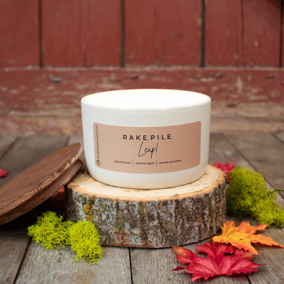 Milkhouse Candle Company Rake, Pile, Leap! Soy Candle - Spiced Leaves | Harvest Apple | Woody Pinecones Scented - 10 oz Signature Statement Candle with Lid, 20+ Hour Burn Time, Made in the USA