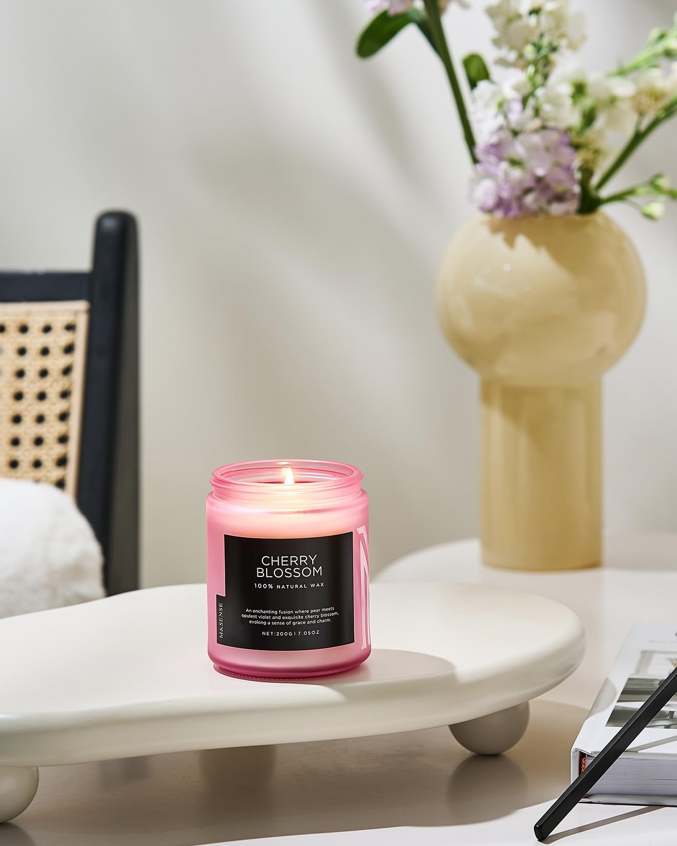 M&SENSE Cherry Blossom Scented Candle, 7.05oz Natural Organic Soy Wax, 50 Hours Non Toxic, Spring Smelling Home Scented Candle for Bath Relaxation, Stress Relief Housewarming Gift for Her