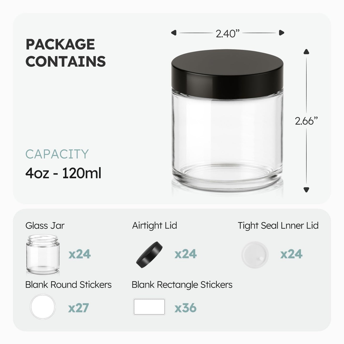 4 oz Glass Jars with Lids, 24 Pack Clear Small Glass Jars with Black Lids Leakproof Round Airtight Empty Cosmetic Travel Containers with Inner Liners For Lotions Powders and Candle Making