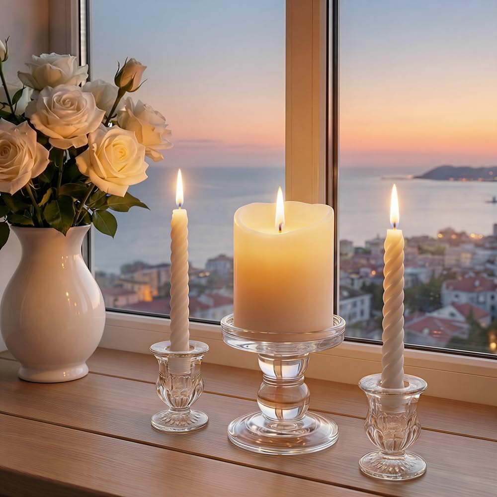 CHILL RECIPE Unity Candle Holders Glass Candlestick Holders for Pillar Candles Taper Candles, Crystal Taper Candle Holders Set of 3 for Wedding Table Centerpiece (Clear)