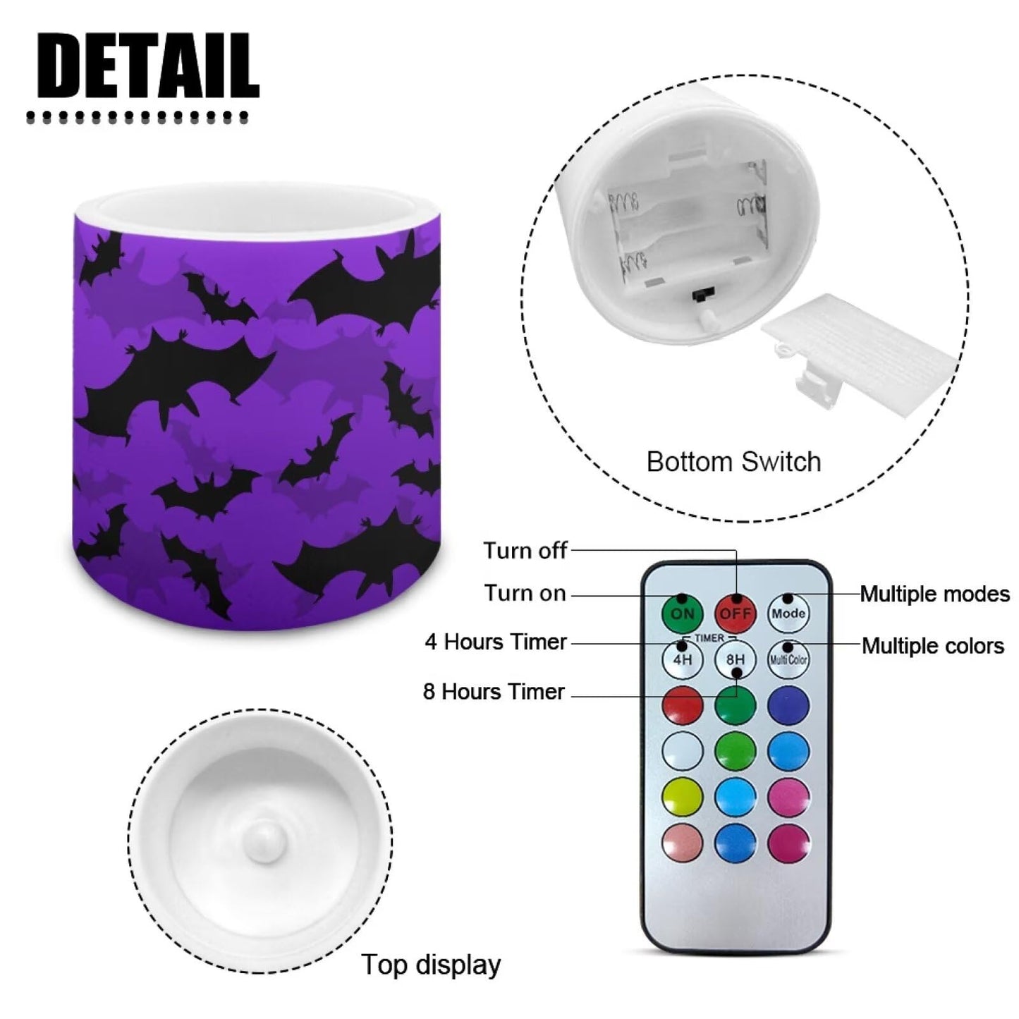 Merkmak Flameless Candles with 18-Key Remote, Halloween Black Bat Battery Operated Candles with Timer 4 Pack Flameless Pillar Tea Lights for Party Banquet Home Decorations