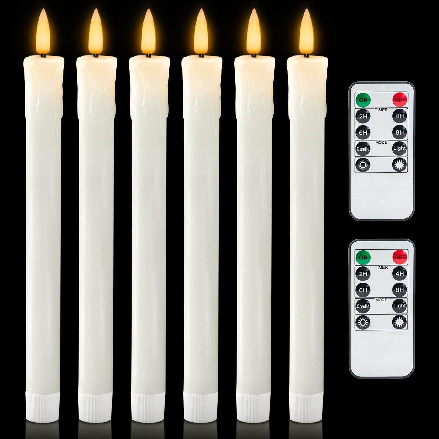 Homemory 6 PCS Real Wax Flameless Taper Candles with Remote, Flickering LED Candlesticks with Timer Dimmer, Fake Candles for Xmas Wedding Celebration Decor, White, 9.6 Inches