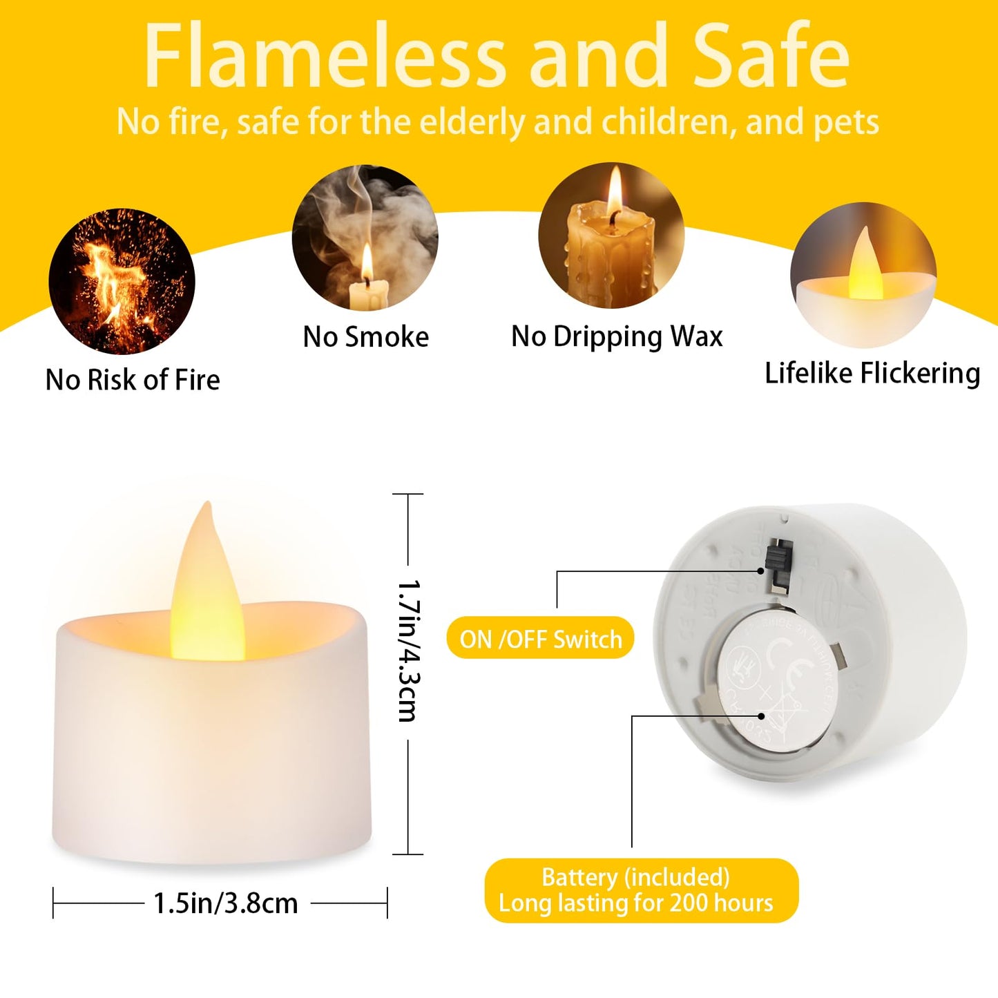 Eloer Dual-Flame Flickering Flameless LED Tealight Candles, Battery Operated Tea Lights with Warm Yellow Glow, 200+ Hour Long-Lasting Fake Candles for Home Wedding Votive Decor (White, 12 Pack)