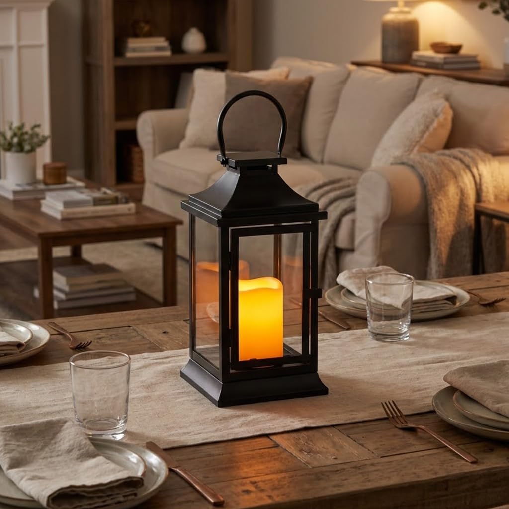 TRIROCKS Metal Candle Lantern 15'' High Decorative Outdoor Lantern Hanging Lantern with Timer LED Candle for Home Decor Living Room Parties Events Tabletop Indoors Outdoors (Black)