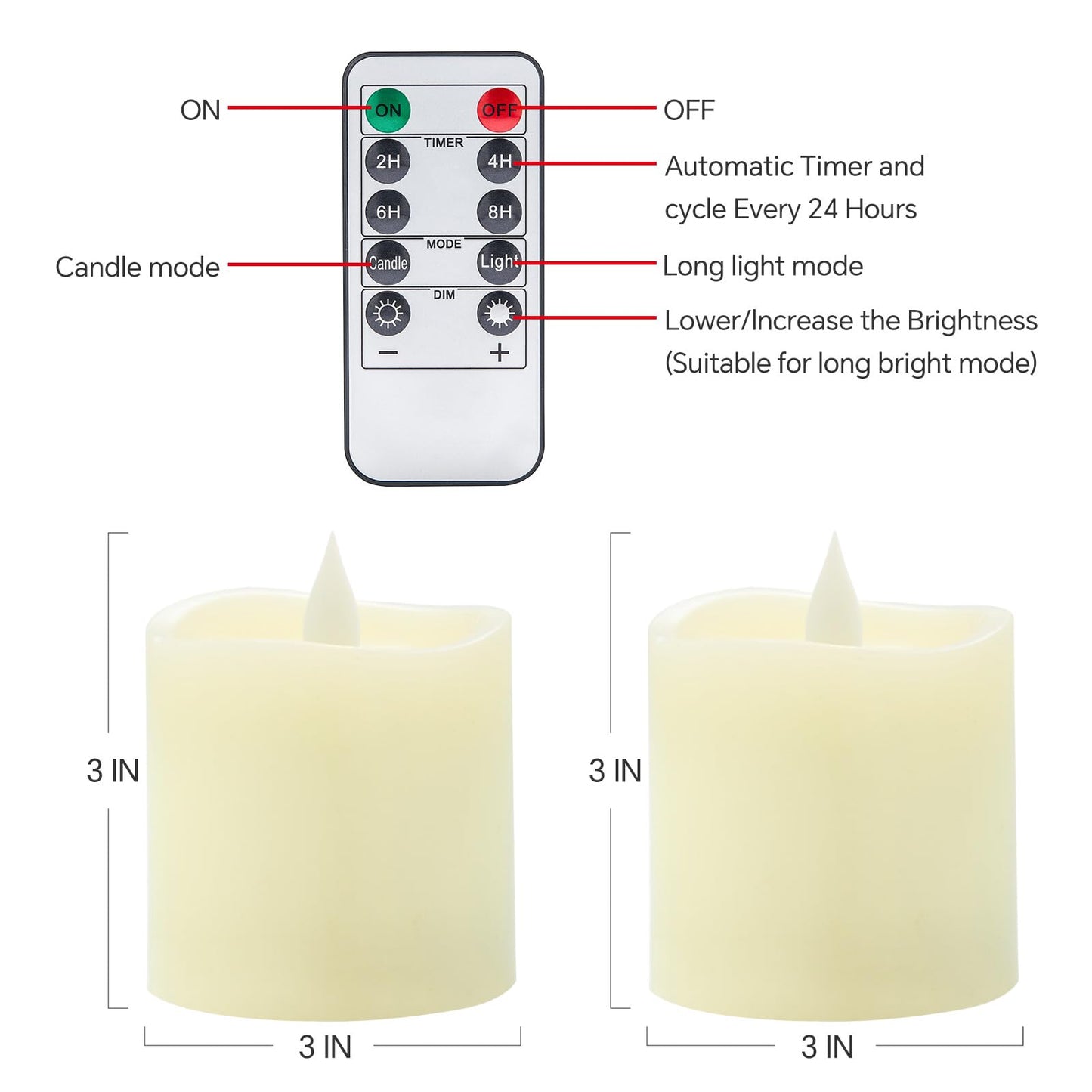 Genwelled Life Plus 3x3 Flameless Candles with Remote Set of 2, 3 inch Battery Candles Flickering with Timer, LED Pillar Candle for Indoor/Outdoor, Lvory White