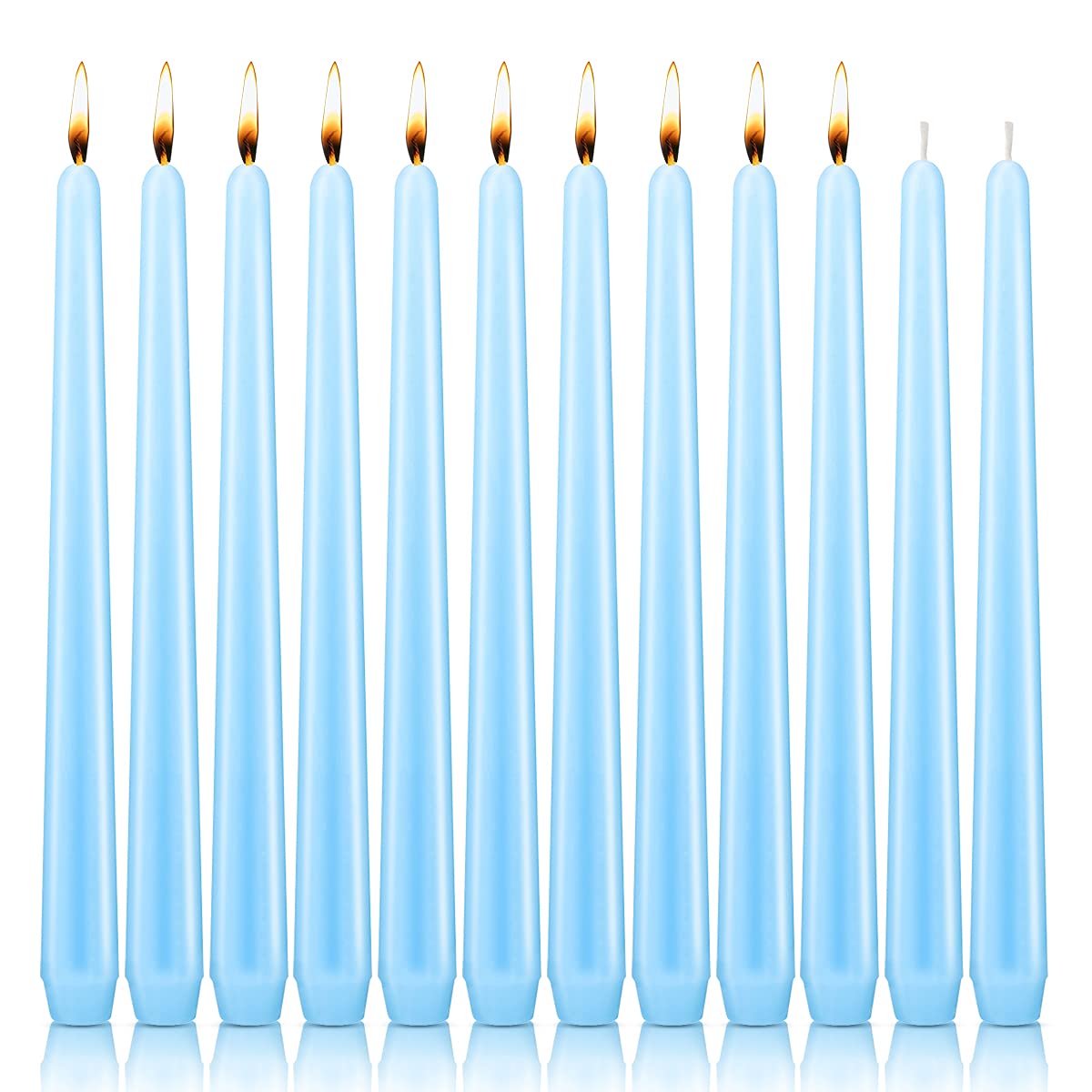 NIKY 10 inch Taper Candles, Set of 12 Unscented Dripless Candlesticks - 8 Hours Long Burning for Home Decoration, Wedding, Parties and Special Occasion (Light Blue)