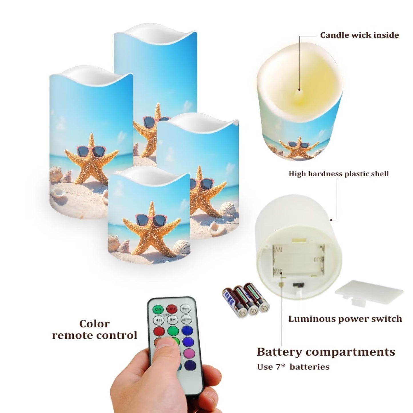Cozeyat Ocean Turtle Flameless Candles Set of 4 Battery Powered LED Pillar Candles with Remote Timer Flickering for Indoor Outdoor Home Garden Beach