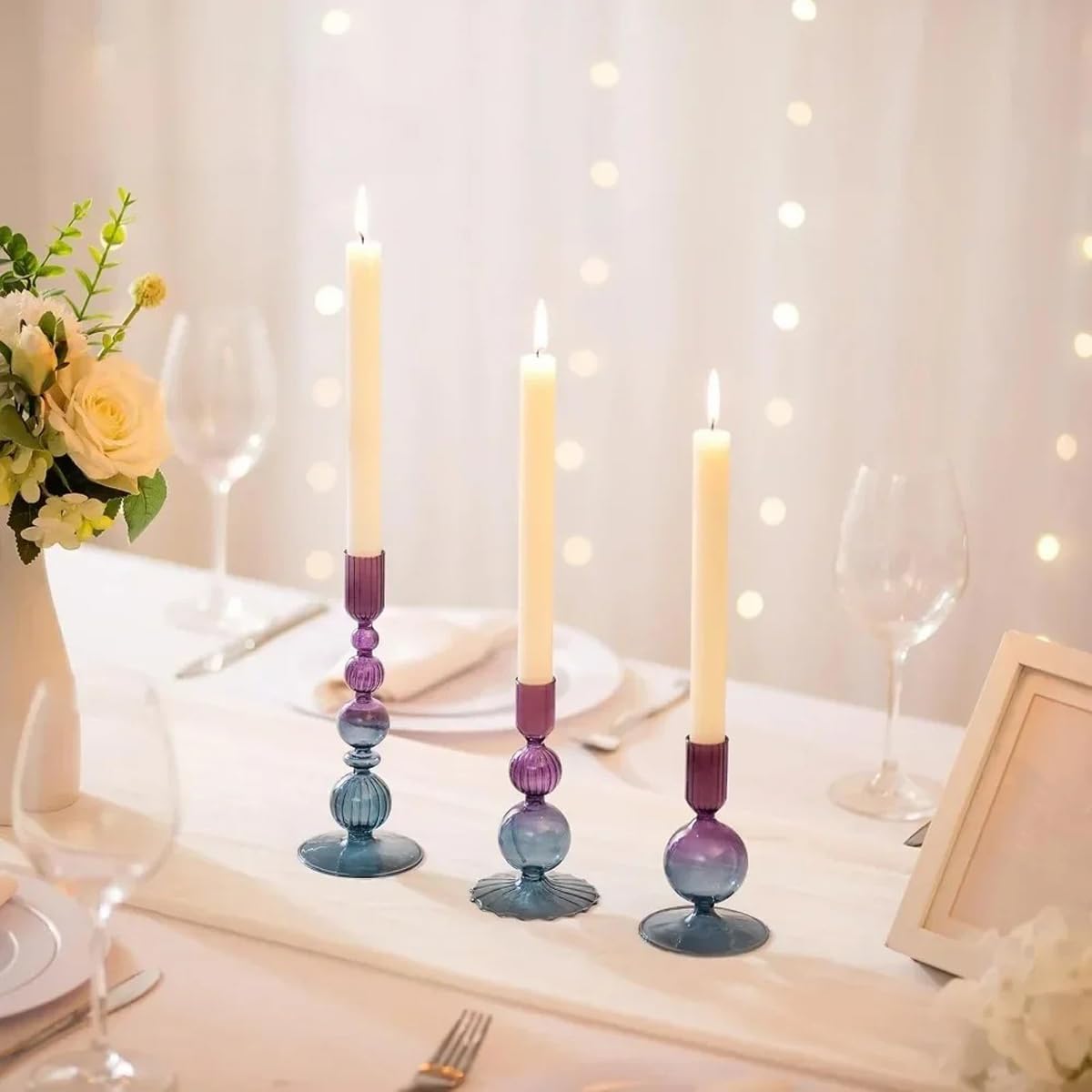 Mineaud 3Pcs Glass Candlestick Holders Glass Taper Candle Holders Groovy Wavy Elegant Candle Stick for Home Party Decoration,PurpleBlue