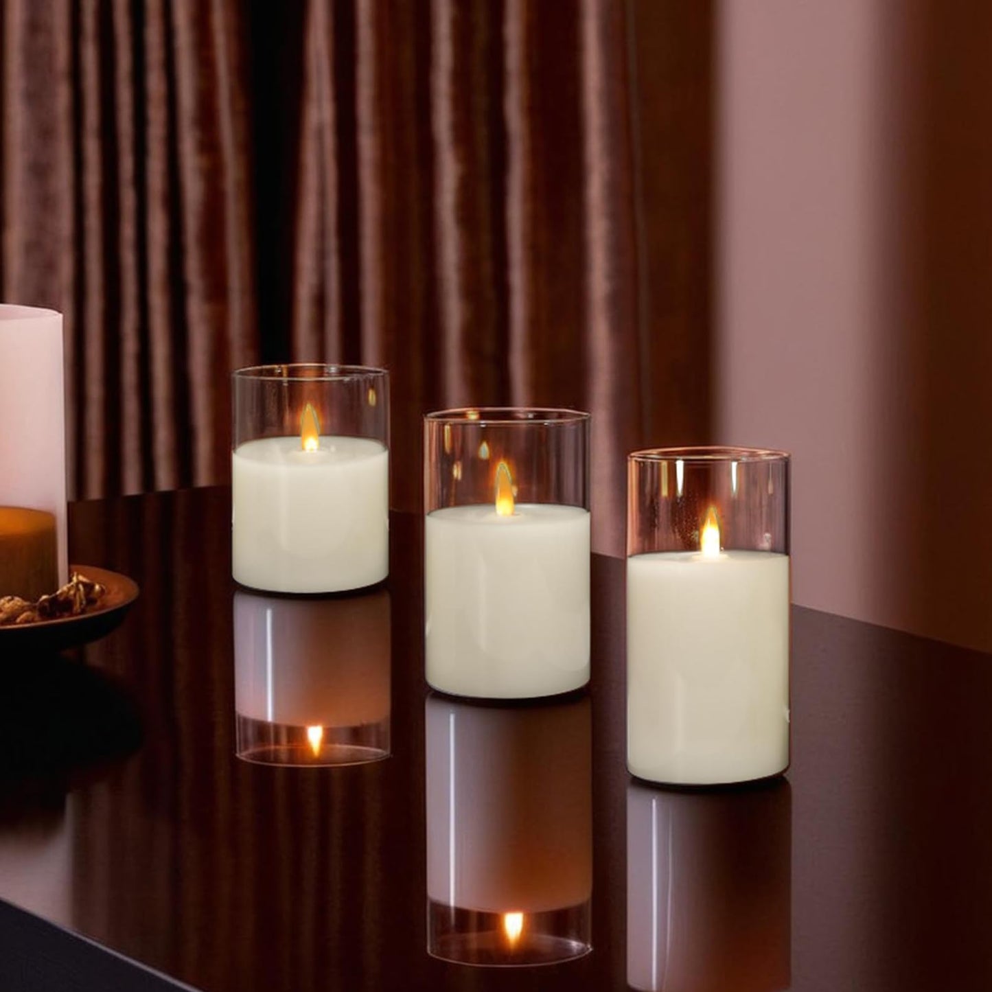 NICEME Clear Glass Flameless Candles Battery Operated with Remote Timer, Real Wax LED Pillar Candles with Flickering Flame Pure White Radiance Evanescing Fake Candles for Wedding Home Decor, Set of 3