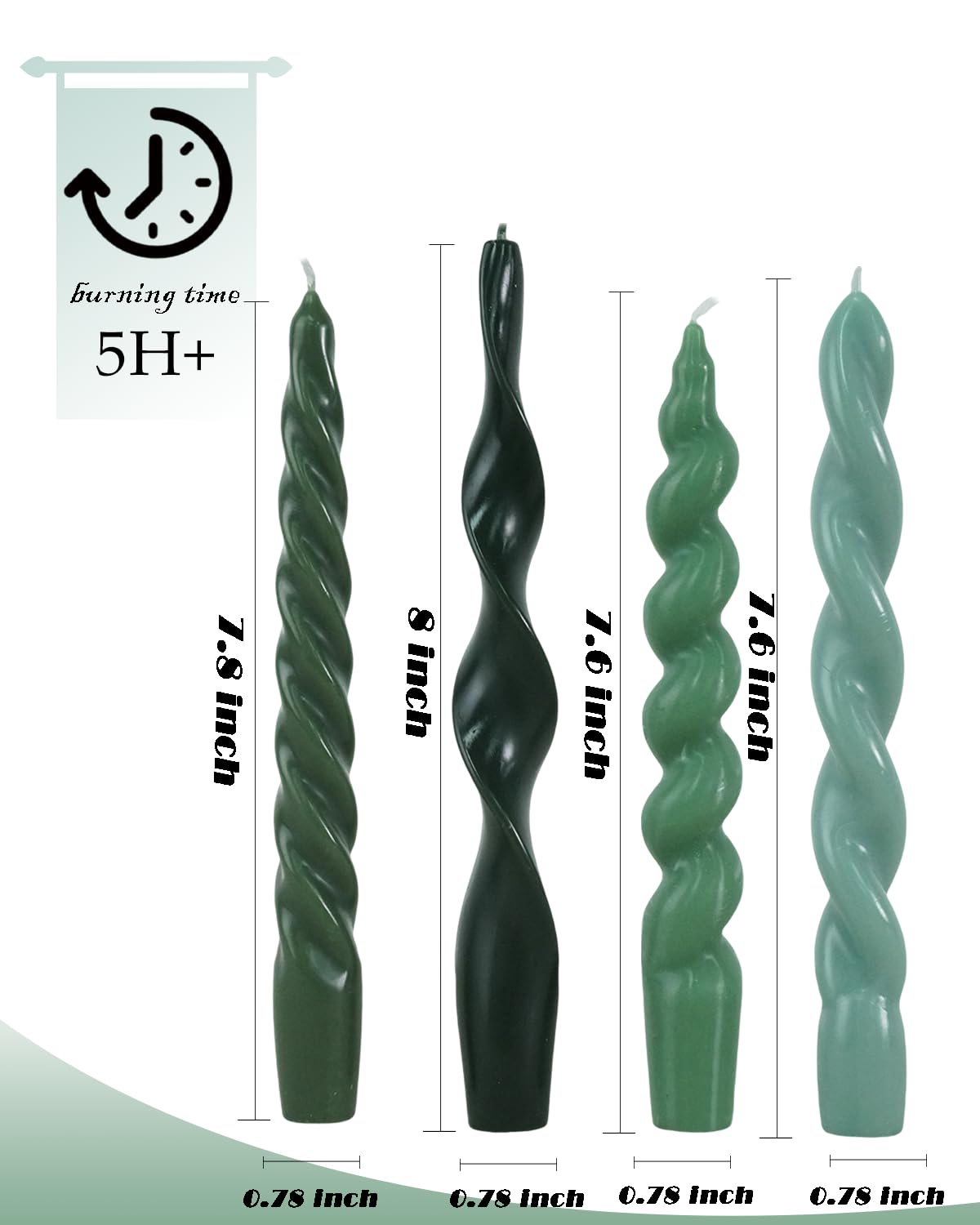 Green Taper Candle Stick Spiral Taper Candle for Wedding Party Decoration Home Dinner Decoration Unscented Candles,7.6inch,4 Pack