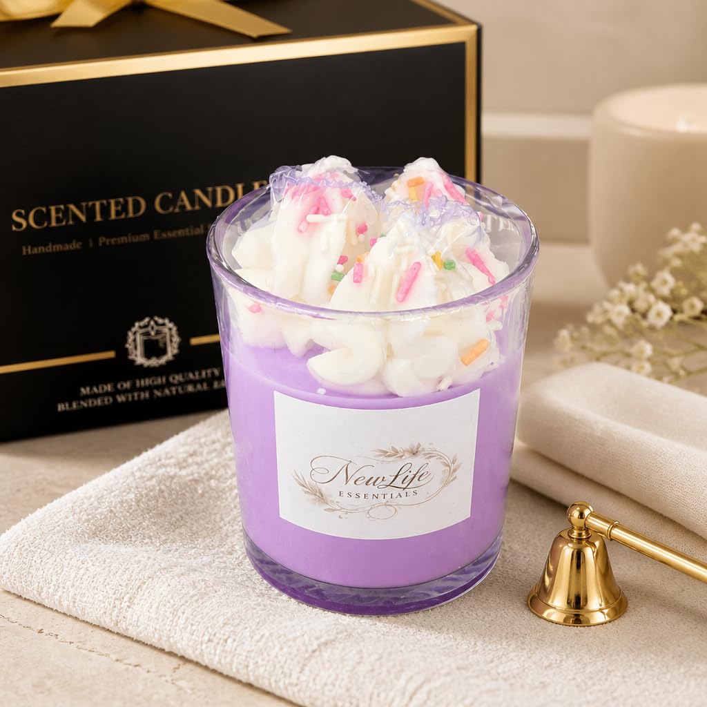 NewLife Essentials Scented Candle, Lavender, Handmade, Whipped Cream Topping with Sprinkles, Glass Jar, Premium