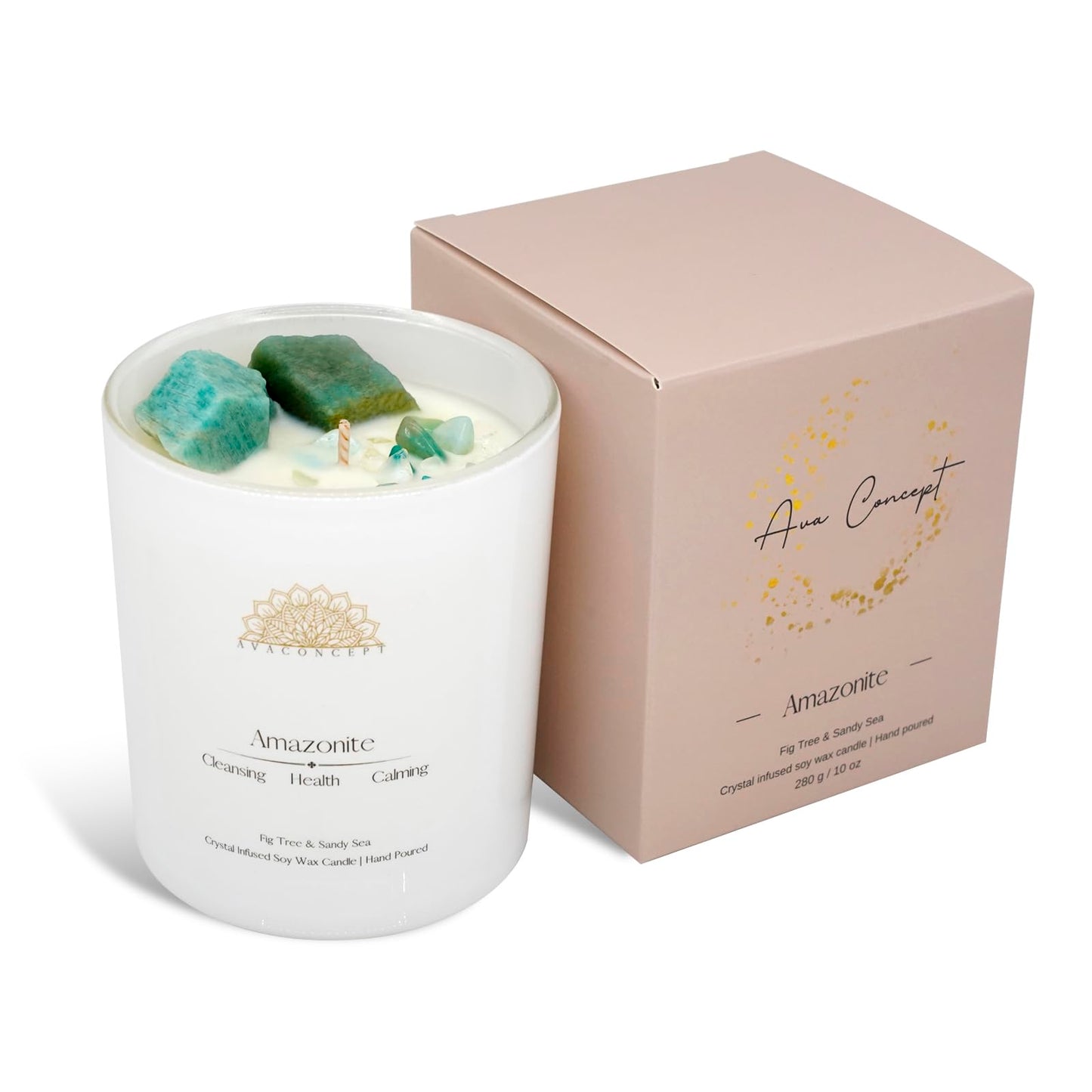 Ava Concept Amazonite Crystal Candle – 10oz / 280g Fig Tree & Sandy Sea Aromatherapy Hand-Poured Soy Wax Genuine Amazonite Healing Crystals Embedded Cleansing, Health & Calming Gift Box Included