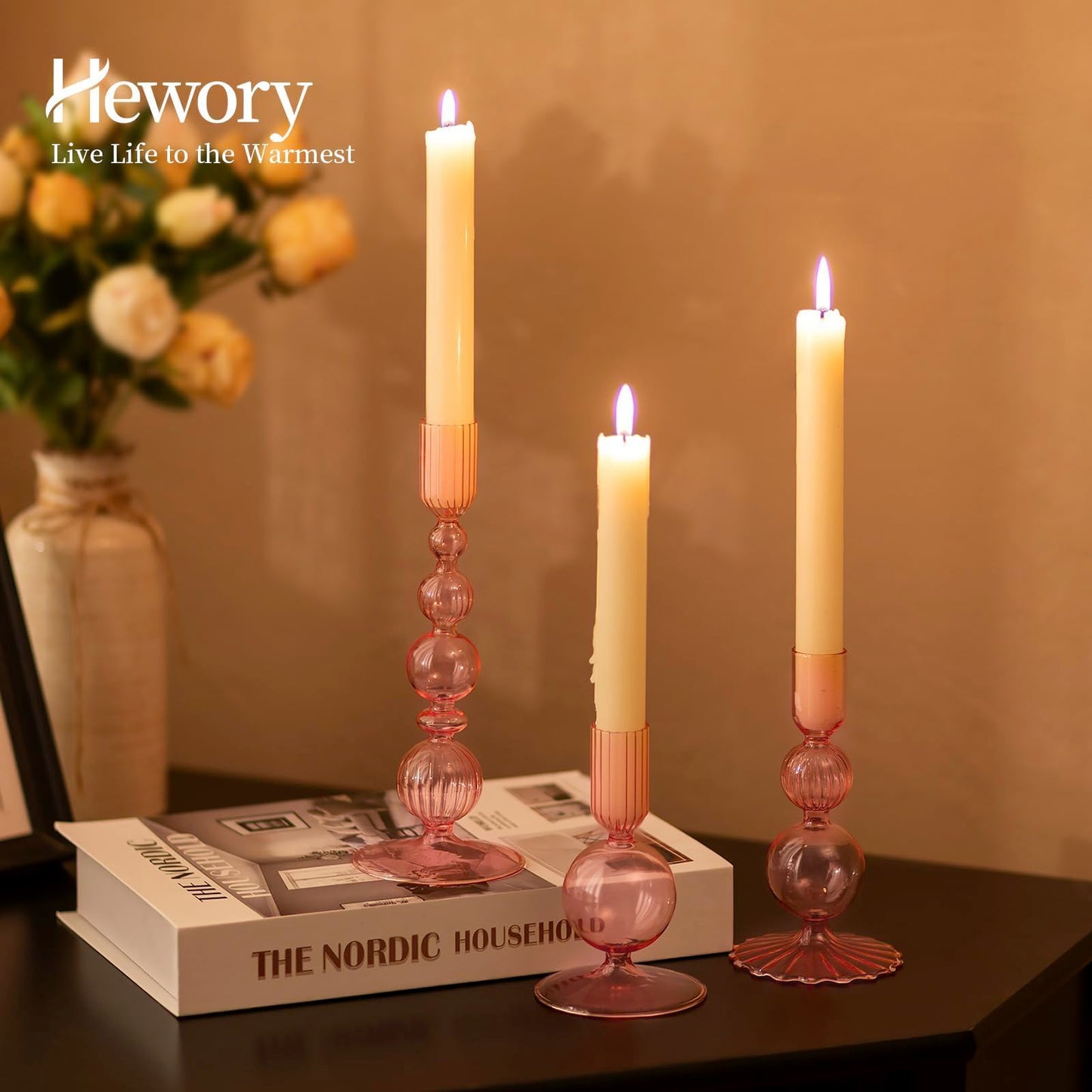 Hewory Glass Candlestick Holders Set: 3PCS Pink Candle Holder Taper Candle Holders Bulk, Crystal Ribbed Candle Sticks Holder Decor for Table Centerpiece Wedding Christmas Thanksgiving Dinner