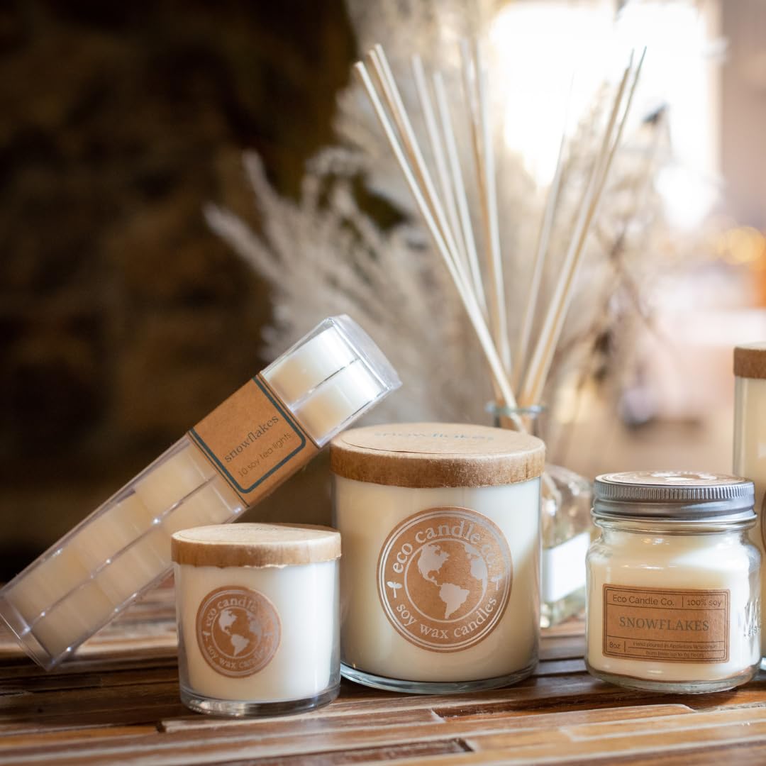 Eco Candle Co. Tea Light Candles, Snowflakes, 10-Pack - Scents of Winter, Flowers, & Mint - Recyclable, 100% Soy Wax, No Lead, Hand Poured, Made from Midwest Grown Soybeans, .6 oz. Each