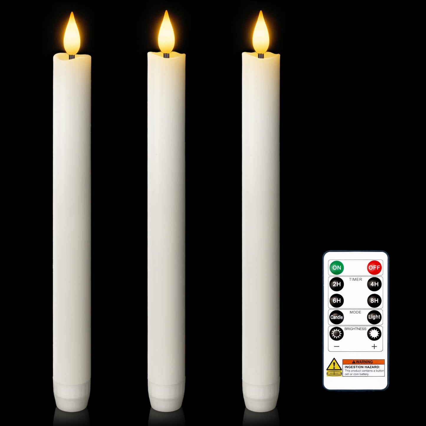 Homemory 3 Pcs Waxy Flameless Taper Candles with Remote, Flickering Battery Operated Taper Candles, Led Flameless Candlesticks Classic Tall Candle for Home, Wedding, Party, White, 9.6 inches