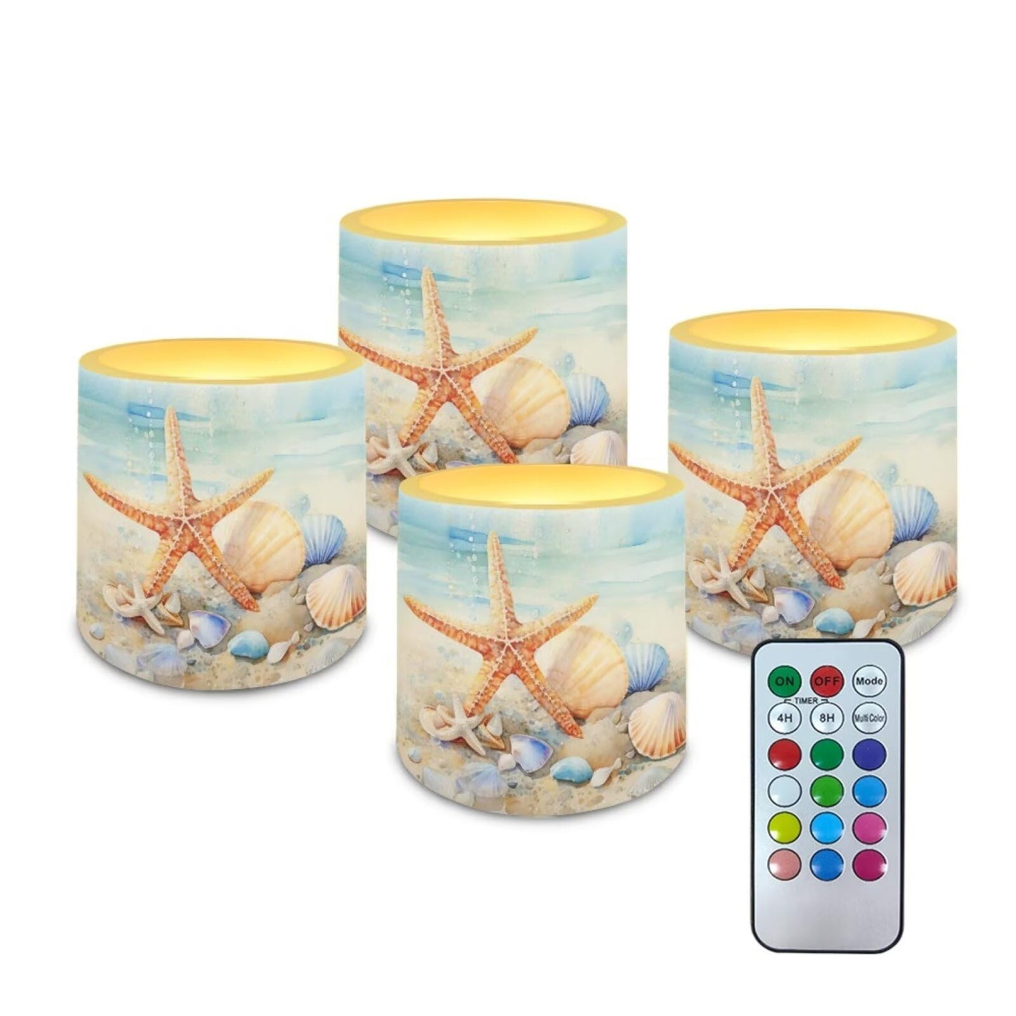 NETILGEN Beachside Starfish Print Flameless LED Candles with Remote Timer Set of 4 Home Decorative Realistic Flickering Flameless Candles with Battery Powered