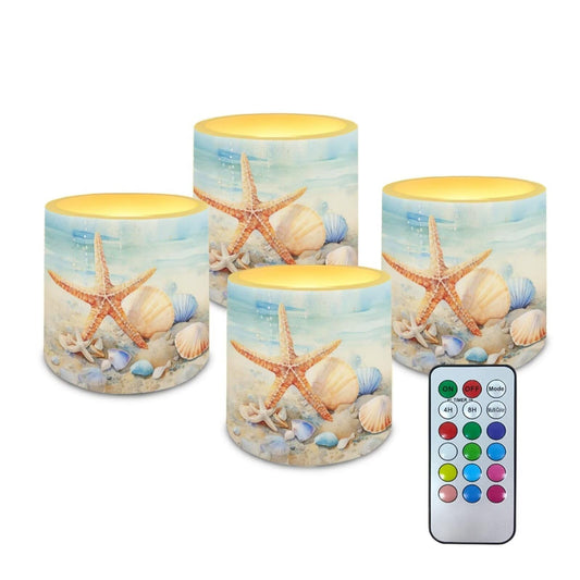NETILGEN Beachside Starfish Print Flameless LED Candles with Remote Timer Set of 4 Home Decorative Realistic Flickering Flameless Candles with Battery Powered