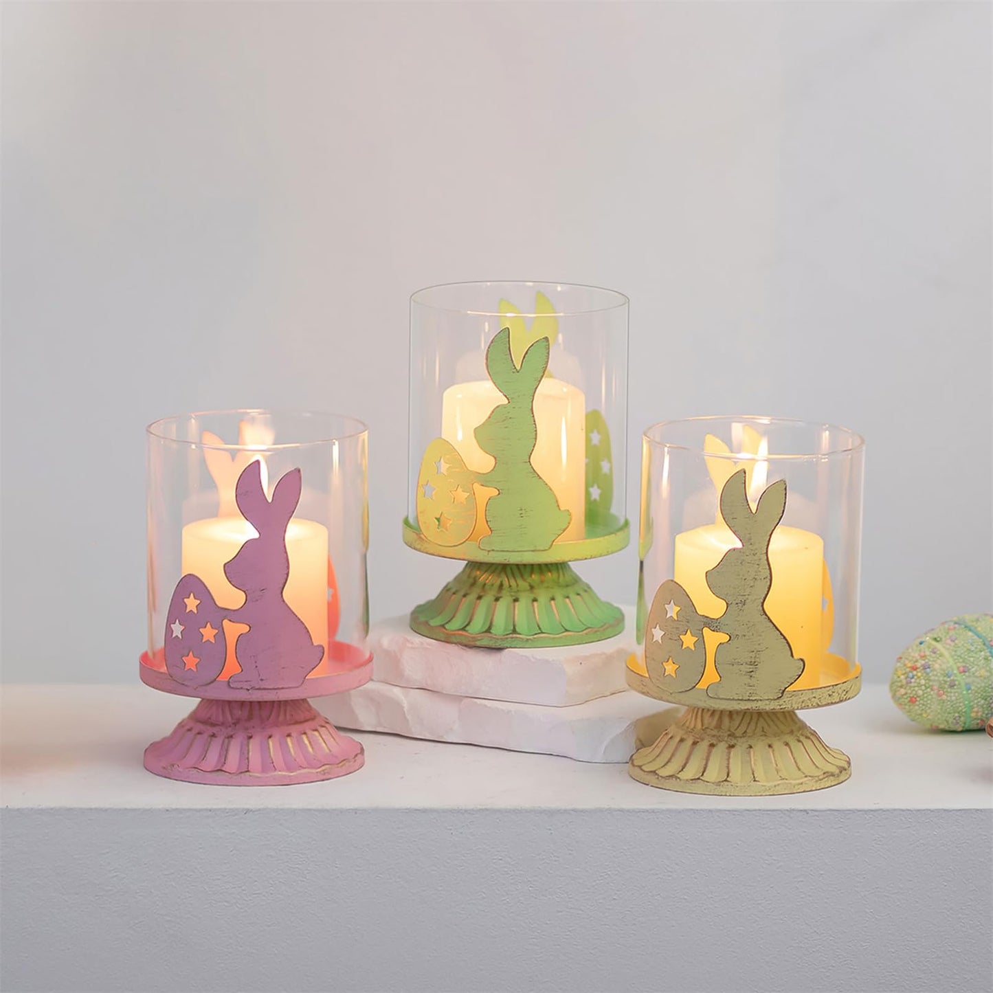 Sziqiqi Bunny Candle Holder for Easter: Tealight Holders Centerpiece Table Decorations for Pillar Candles - Coloured Rabbit Tea Light Candle Holders for Easter Party Spring Home Decor