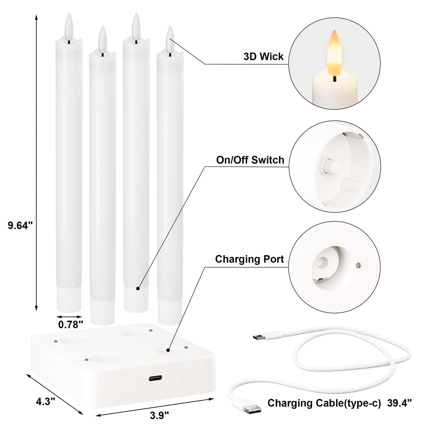 Rechargeable Flameless Taper Candles, Real Wax 9.6 Inch LED Candlesticks with Remote, flickering White Battery Operated Candles with Charging Station for Home, Holidays, Weddings, Party Decor, 4 Pack