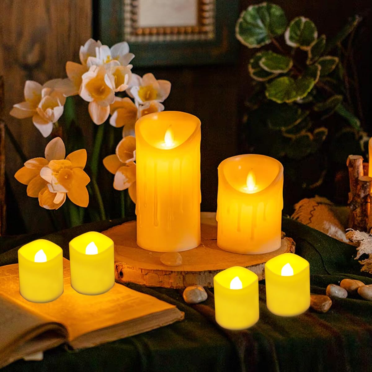 Jialine 12 Pack Flickering Flameless Votive LED Tea Lights Candles, Electric Fake Battery Operated tealights Candles for Halloween,Christmas,Wedding,Party and Holiday Decoration
