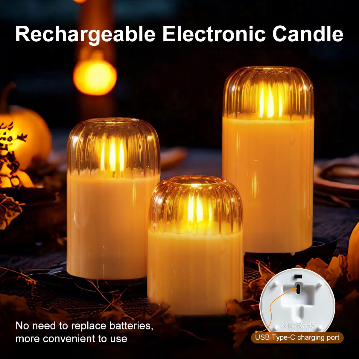 LEDHOLYT Rechargeable Jar Flameless Candle, Flashing LED Pillar Christmas Candle with Remote Control and Timer, Gold Pumpkin Glass Electronic Candles for Room Decoration, 1 Set of 3