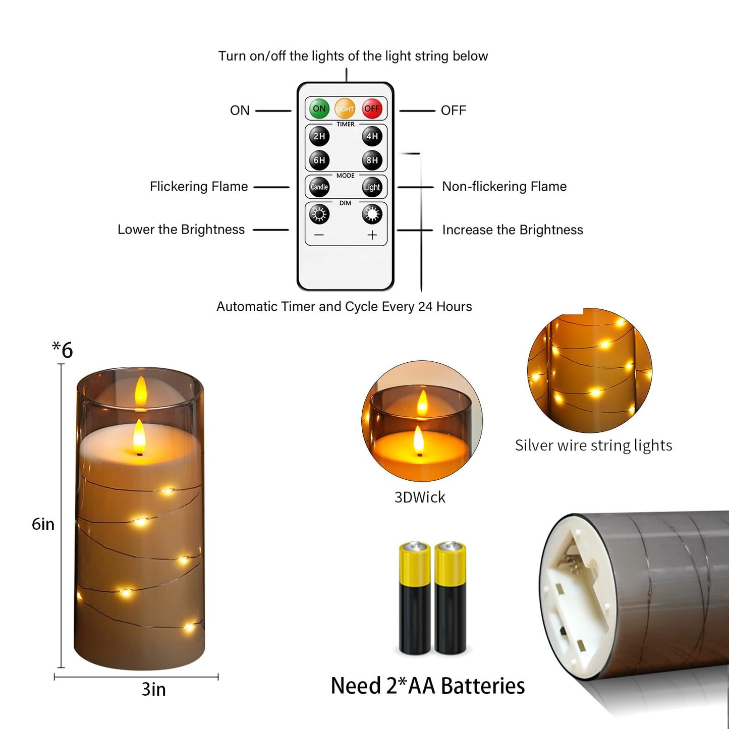 Flickering Flameless Candles with Remote Timer, 6pcs LED Battery Operated Candles with Embedded String Lights Grey, D3 H6