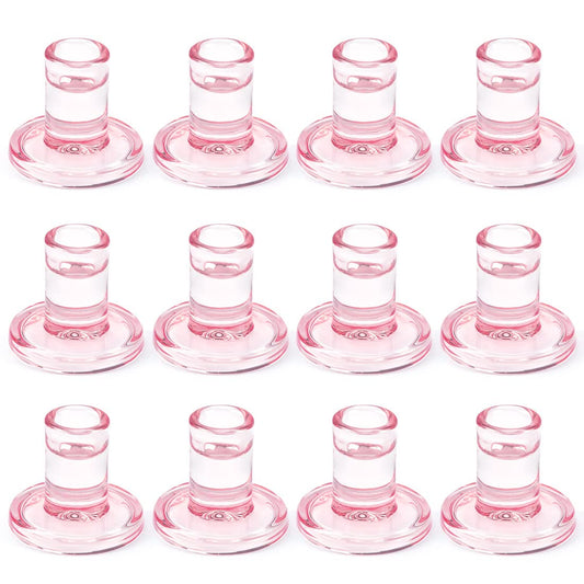 12PCS Pale Pink Taper Candle Holders, Glass Crystal Candlestick Holders Bulk, Clear Candle Holders for Dining Table Centerpiece，More Suitable for Weddings